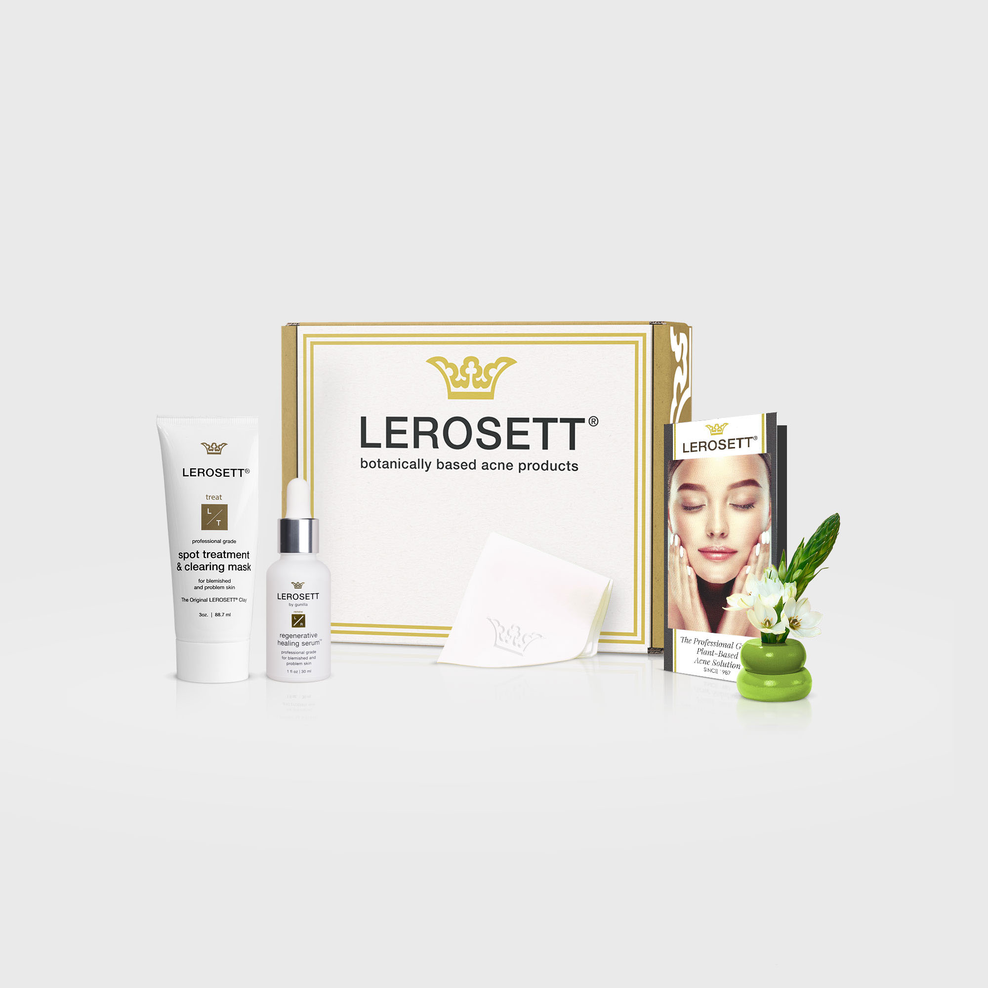 Lerosett acne kit box Clay Mask NEW GLASS Healing Serum Duo with Box